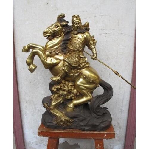 China Bronze Gild Feng Shui Dragon Guan Gong Hold Sword Horse pine tree Statue