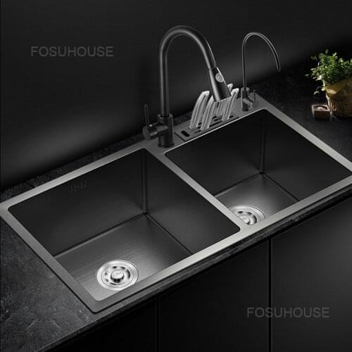 Nano Manual Sink Double Trough Kitchen Sink Household 304 Stainless Steel Dish Washing Basin Dish Washing Basin Black Set Meal