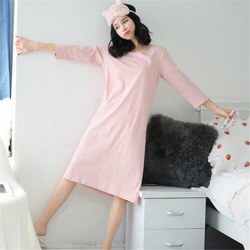Nightdress female summer cotton long-sleeved simple casual robe spring and autumn Korean large size underwear home service new