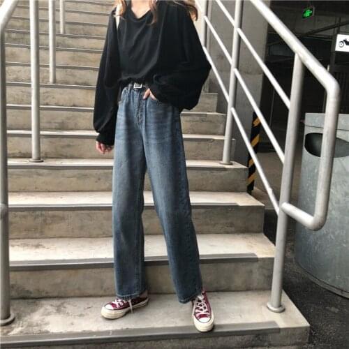 Autumn new style Korean retro jeans for female students high waist loose wide legs all-match harem trousers