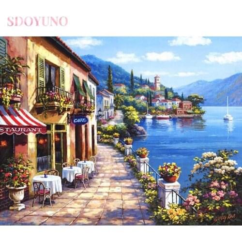 SDOYUNO DIY painting by numbers kits with frame for adults oil Mediterranean seascape acrylic paints for painting HandPainted