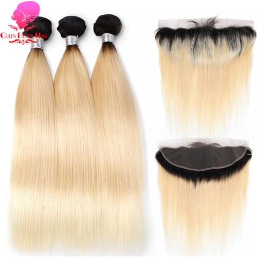 QUEEN 12 14 16 18 20 22 24 26 28 30 Inch 1B 613 Ombre Blonde Malaysian Straight Human Hair 3/4 Bundle with Lace Frontal 13x4