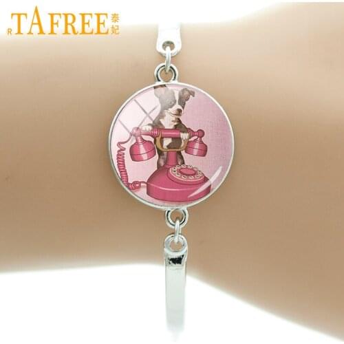 TAFREE Cuter Dog Bracelet dog on pink phone Cute cartoon animal art picture glass cabochon charm for children gift jewelry A123