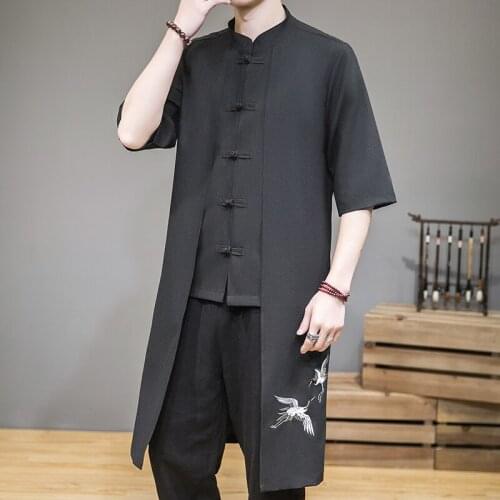 Traditional Chinese Clothing Mens Robe & Gown Crane Embroidery Oriental Button False Two-piece Jacket Tangzhuang
