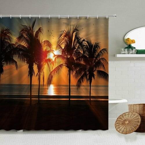 Sunset Ocean Evening Scenery Shower Curtain Beach Pier Palm Tung Trees Natural Landscape With Hook Waterproof Screen Washable