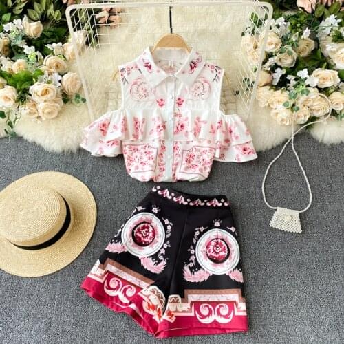 Womens Spring Summer Short Sleeve Off Shoulder Print Shirt Female Vintage High Waist Casual Wide Leg Shorts 2 Pieces Set TB1976