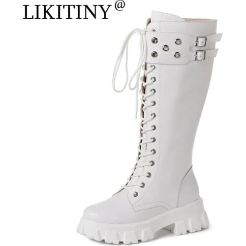 NEW LIKITINY 2021 Spring Autumn Womens shoes White Zipper Crystal Rhinestone Round Toe Knee High Boots