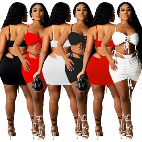 European and American womens solid color hanging shoulder tube top pleated drawstring sexy 3-piece short skirt suit nightclub