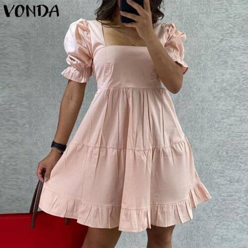 Mini Dress VONDA Women Ruffled Casual Square Collar A-line Dresses Bohemian Vestidos Loose Short Sleeve Sundress