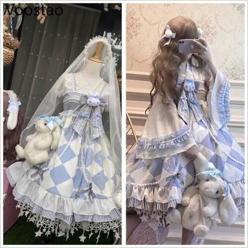 Spring Summer Sweet Lolita Jsk Dress Girly Cute Bow Cartoon Rabbit Fairy Sling Dress Women Kawaii Tea Party Princess Dresses