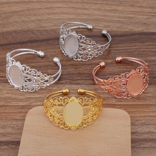 10pcs cuff Open Bracelet Base Settings with 18x25mm Oval Bezel Cabochon Blanks Filigree Flower Bangle DIY Findings Multi-color