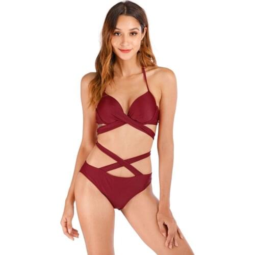 2020 Push Up Bikinis Black Bandage Monokini Halter Bikini Swimsuit Women Low Waist Women Swimwear Swimming Brazilian Biquini