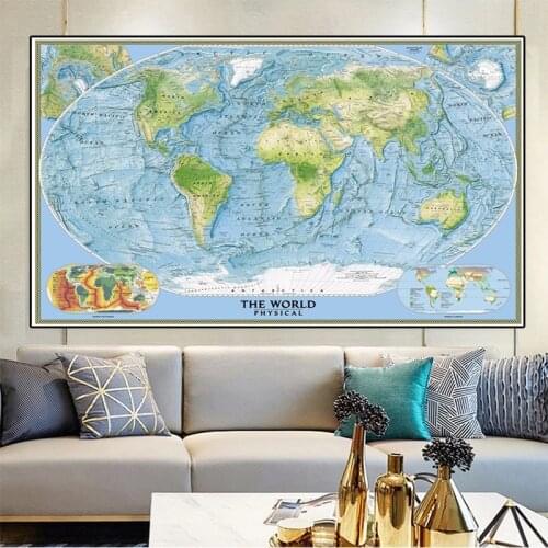 225*150cm 2005 The World Physical Map Retro Non-woven Canvas Painting Large Size Wall Art Poster Living Room Home Decoration