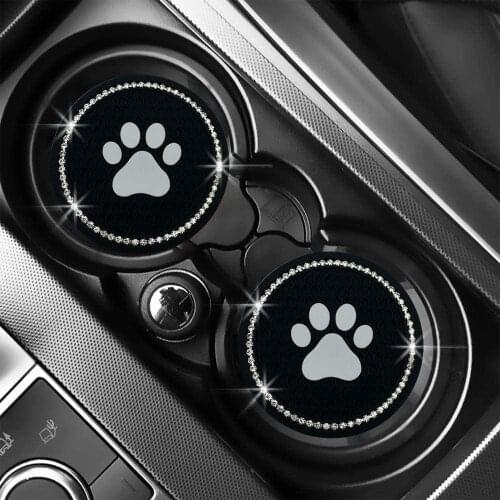 2 PCs Rhinestone Car Coasters Paw Car Cup Holder Coasters Silicone Anti Slip Dog Paw Coaster Mat Accessories for Most Cars