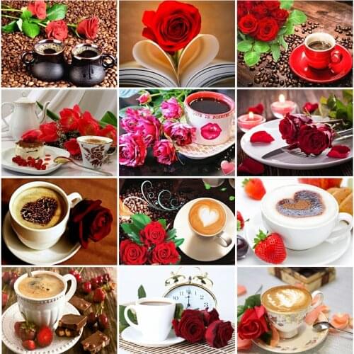 AZQSD Diamond Painting Coffee Cross Stitch Full Round Dril Needlework Diamond Embroidery Landscape Mosaic Decor For Home