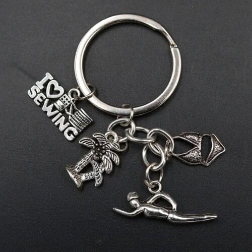 WKOUD 1pc sports Keychain I love swimming charm coconut tree & swimwear keychain travel vacation commemorative keychain A1831