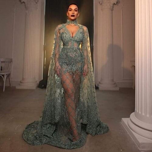 Dubai Luxury Green Lace Beaded Mermaid Evening Dresses 2021 Sexy See Thru Long Prom Gowns With Cloak Abendkleider
