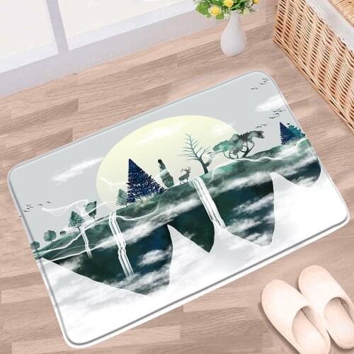 Doormat Chinese Style Bathroom Mat Mountain Tree Water Mist Forest Ink Painting Non-Slip Rugs Decor Bath Kitchen Doorway Carpets