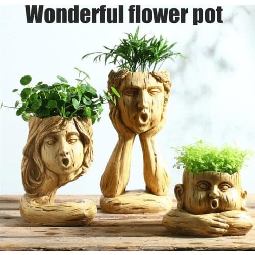 Creative Retro Face Shape Plant Flower Pot with Drain Hole Home Ornaments Resin Succulent Planter for Bookshelf Living Room