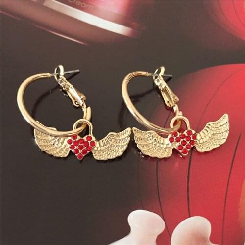 Lovely Sweet Gold Color Plating Angel Wing Heart Inside Lock Shape Charm Hoop Earrings For Women Girl Elegant Romantic Jewe