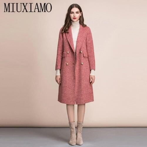MIUXIMAO TOP QUALITY 2019 fall Winter Coat 100% Pure Wool Double Breasted Eleghant OverCoat Women Long Coat vestidos with Pocket