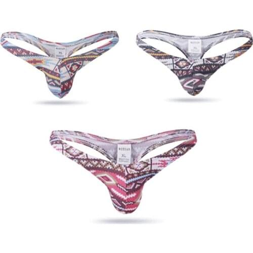 Fashion Printed Mens Thongs and G Strings Low Rise Brief Mens Sexy Thongs Breathable Bikini Male Panties