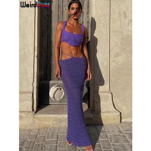 Weird Puss Elegant Party Knit 2-Piece Set Women Skinny Irregular Camisole+Lace Up Low Waist Skirts See Through Matching Clubwear