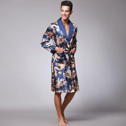 New Sleepwear Autumn Silk-Sleeve Mens Thin Long Sleeve V-Neck Pajamas, Long Robe, Bathrobe, Home Clothes