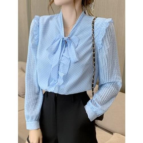 Autumn Long Sleeve Dot Chiffon Blouse Shirt Tops Blouse Women Blusas Mujer De Moda 2021 Bow V-Neck Tops Women Blouses Blusa D598