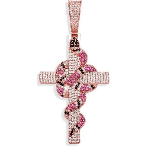 Hip Hop AAA Cubica Zirconia Stone Setting Bling Iced Out Animal Snake Cross Pendants Necklace For Men Women Rapper Jewelry