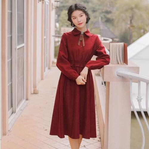 2020 new fashion womens clothing Turn-down Collar Vintage dress winter dress