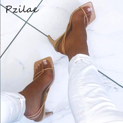 Pzilae 2020 fashion women high heels sandals women square toe slip-on sandals sexy ladies narrow band dress party shoes apricot