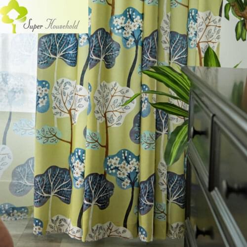 Retro Country Style Leaves Pastoral Green Plants Curtains for Living Room Bedroom Polyester Cotton Fabric Window Custom