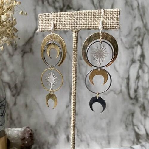 Mixed metal gold silver plated geometric crescent moon phase earrings, celestial boho witchy jewelry