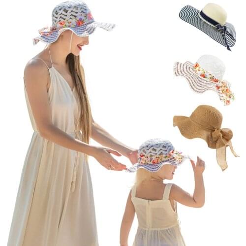 Parent-child Outdoor Sunscreen Floppy Wide Cap Bow Sun Protection Sunhat Straws Hat Outdoor Beach Hats Chapéu De Pescador #P2