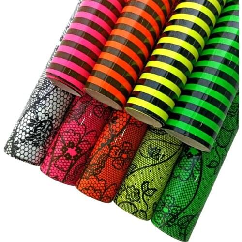 Flower/Black Stripe Printed Fluorescent PU Faux Leather Fabric Sheet for Making Cover/Hair Bow/Decorative/Head Clips/Craft