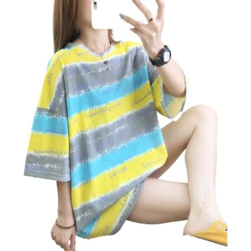 Colored Stripe Summer Large Size Womens T-shirt Round Neck Short Sleeve Tops