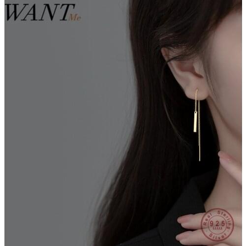 WANTME 925 Sterling Silver Simple Ear Line Women Cuban Link Chain Long Tassel Earrings Fashion Korean Unique 18K Gold Jewelry