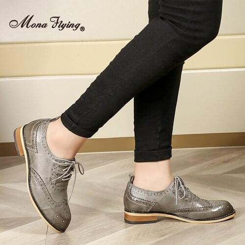 Mona Flying Womens Leather Oxfords Shoes Wingtips Comfort Hand-made Block Lace-up Dress Flat Classic Soft for Ladies FLX20-3