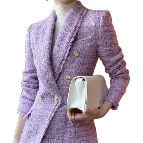 Fashion Ladies Woolen Coat Double Breasted Elegant Blazer Female Purple Tweed Blended Wool Spring Autumn Women Jacket Outerwear