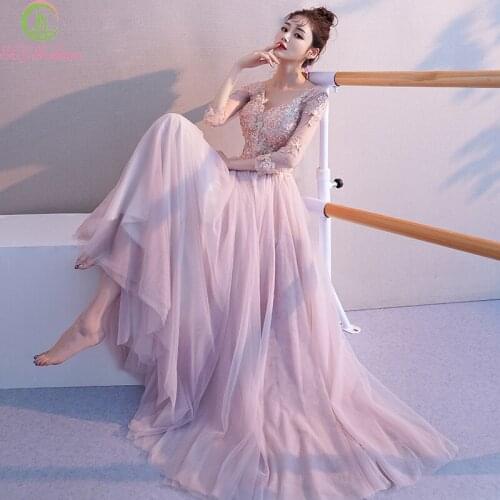 SSYFashion New Evening Gowns Nude Pink V-neck 3/4 Sleeves Lace Appliques Beading Floor-length Banquet Elegant Formal Dresses