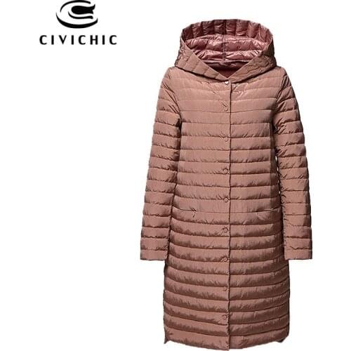 CIVICHIC S-XXXXXL Woman Light Down Jacket Long Loose Buttons Winter Warm Coat Hooded Eiderdown Out Clothing Fashion Wear DC532
