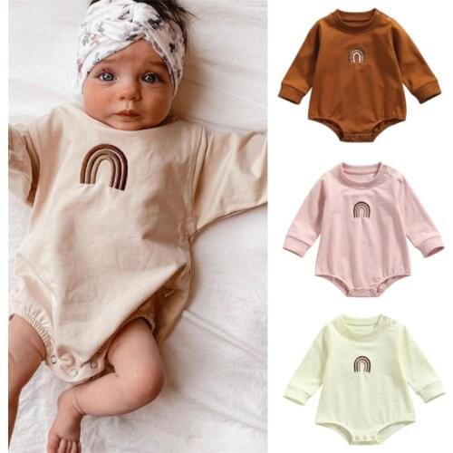 Baby Autumn Rompers Rainbow Embroidery Long-Sleeves Jumpsuit with Crotch Buttons for Toddlers Girls Boys 0-24 Months