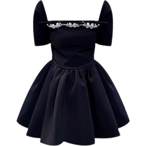 French style summer siamond square collar ball gown dress women black puff sleeve hollow party mini dress
