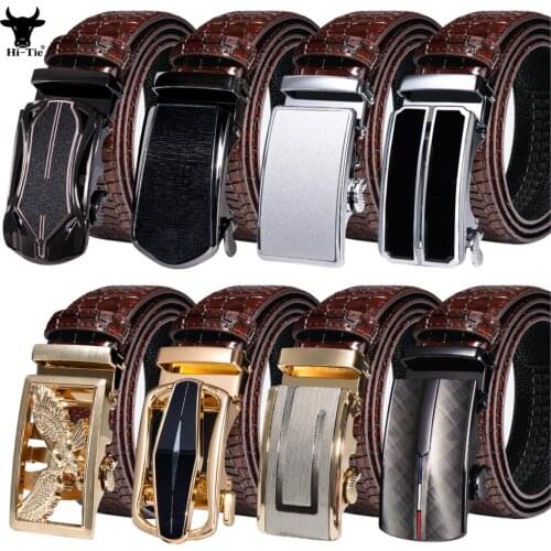 Hi-Tie Red Burgundy Maroon Leather Mens Belts Metal Automatic Buckle Ratchet Sliding Waist Straps Casual Leisure Wedding Gift