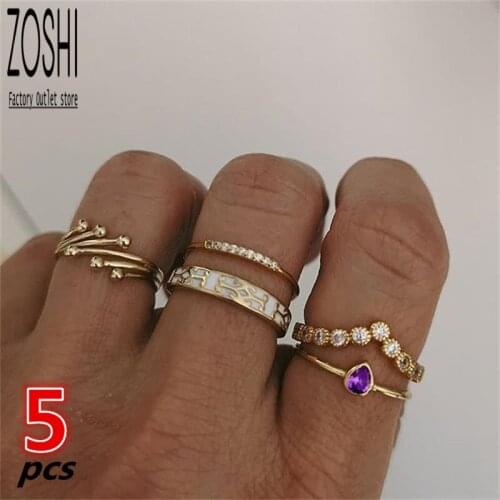 5pcs/sets Purple Crystal Crown Bohemian Geometric Rings Sets Knuckle Beads Wave Arrow Gold Rings for Women Jewelry Accessories