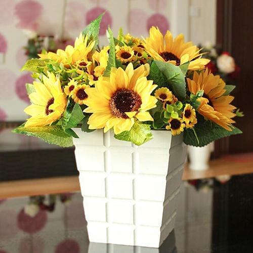 Cute 1 Bunch 7 Heads Sunflower Silk Artificial Flower Bouquet For Home Wedding Decoration Living Room Party Table Window Decor