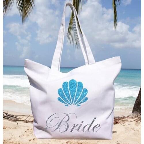 Set of 4 Custom blue glitter shell beach wedding bridesmaid tote bags Champagne Party gift Bag Bachelorette bridal shower favors