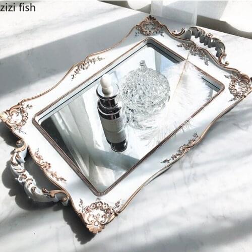 Nordic Floral Texture Glass Mirror Trays Decorative Bathroom Skin Care Product Plastic Storage Tray Dressing Table Jewelry Plate