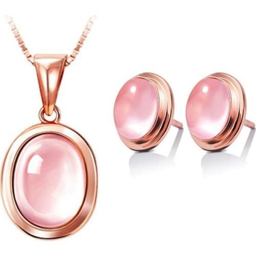 Ociki Rose Gold Color Oval Pink Opal Necklace and Earring Jewelry Set for Women Girls Gifts Drop Shipping Jewelry Wholesale